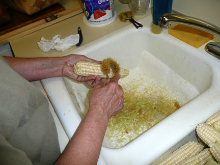 Silking the corn. A scrub brush with soft bristles is a great help when it comes to removing corn silks.