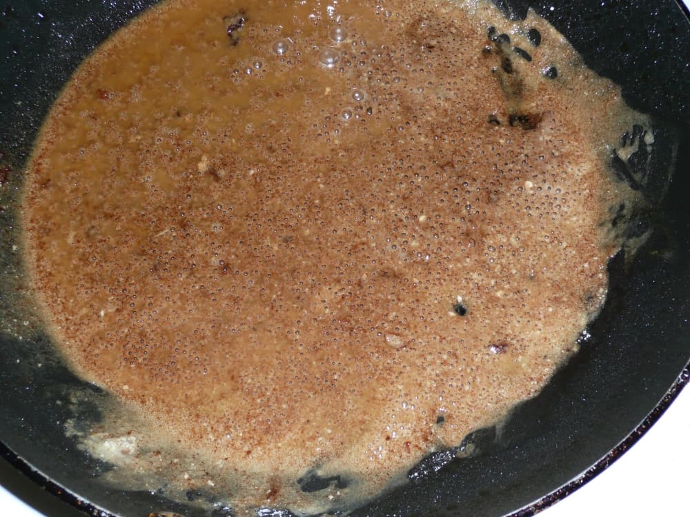 cast iron pan with gravy makings